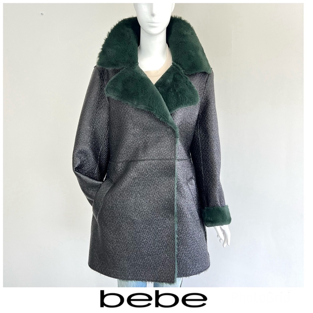 BEBE Black Textured Faux Patent Leather Green Faux Fur Long Luxury Coat Sz L